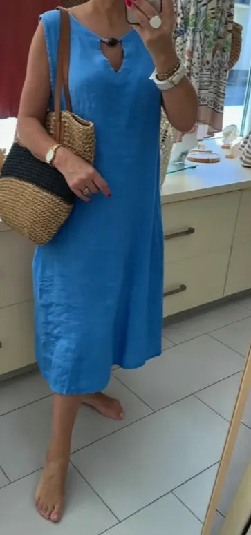 Loose-fit casual V-neck sleeveless midi linen dress