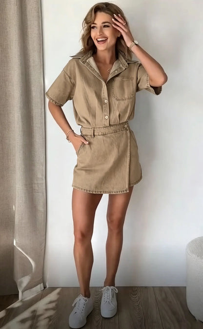 Casual slim fit collared single-breasted denim jumpsuit