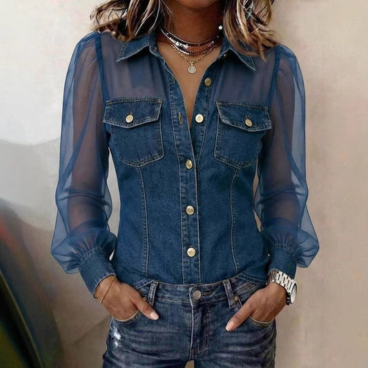 Elegante Denim-Bluse „Marlène“ – Jeanshemd mit transparenten Ärmeln & Patchwork-Design