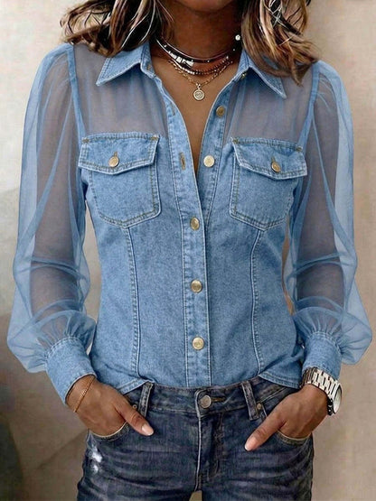 Elegante Denim-Bluse „Marlène“ – Jeanshemd mit transparenten Ärmeln & Patchwork-Design