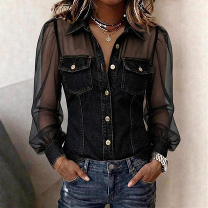 Elegante Denim-Bluse „Marlène“ – Jeanshemd mit transparenten Ärmeln & Patchwork-Design