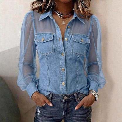 Elegante Denim-Bluse „Marlène“ – Jeanshemd mit transparenten Ärmeln & Patchwork-Design