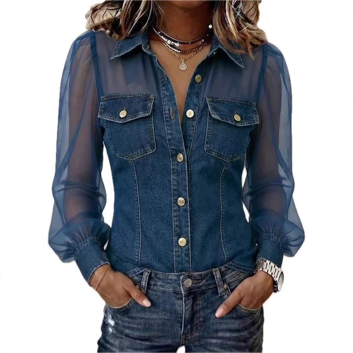 Elegante Denim-Bluse „Marlène“ – Jeanshemd mit transparenten Ärmeln & Patchwork-Design