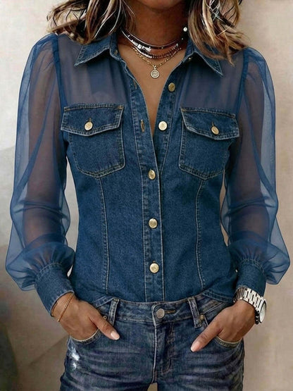 Elegante Denim-Bluse „Marlène“ – Jeanshemd mit transparenten Ärmeln & Patchwork-Design