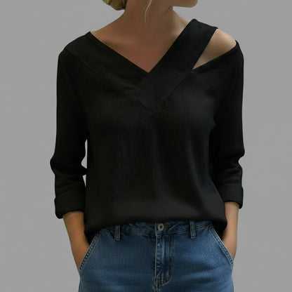 Women's Casual Solid Asymmetrical Cold Shoulder V Neck Long Sleeve Blouses