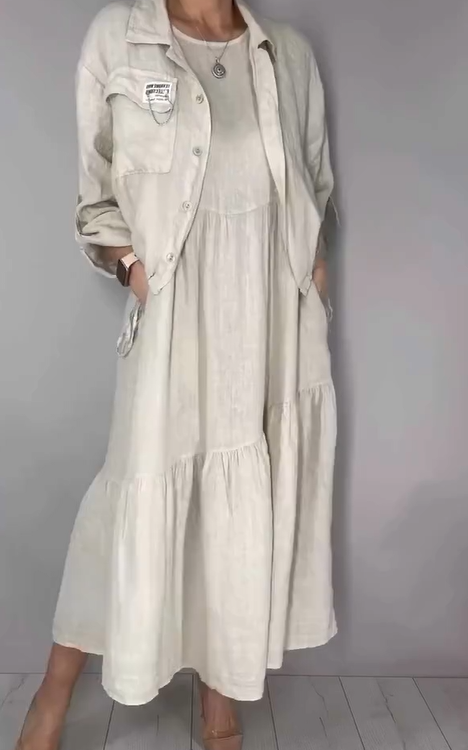 Comfortable cotton and linen jacket and dress two-piece set
