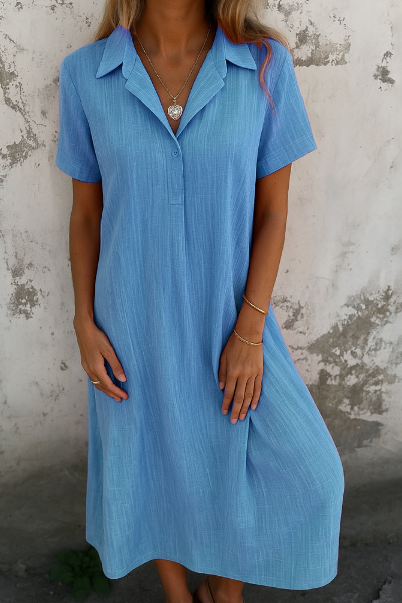 Loose-Fitting Short-Sleeved Cotton And Linen Shirt Dress
