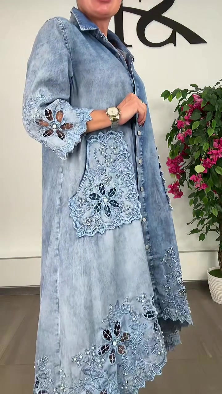 Women's Elegant Floral Cutout Denim Dress