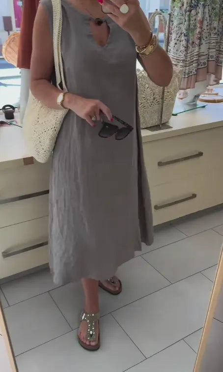 Loose-fit casual V-neck sleeveless midi linen dress