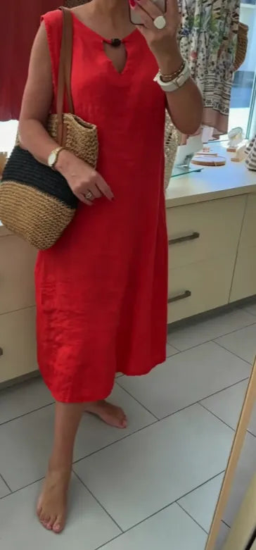 Loose-fit casual V-neck sleeveless midi linen dress
