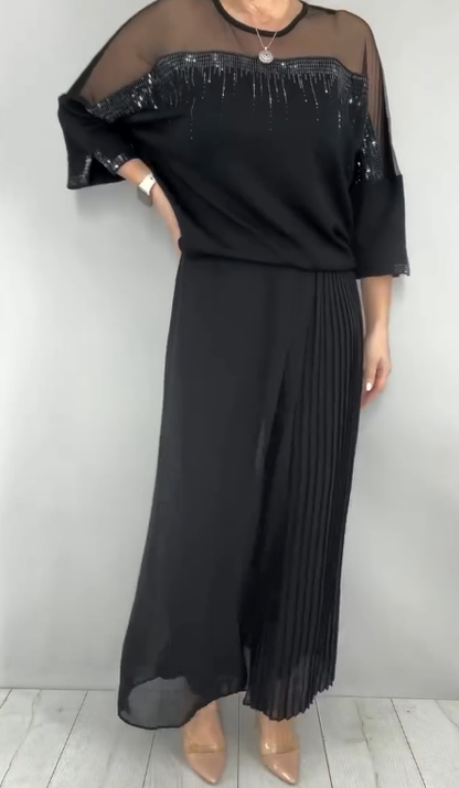 Mesh-paneled round neck top + pleated wide-leg pants set