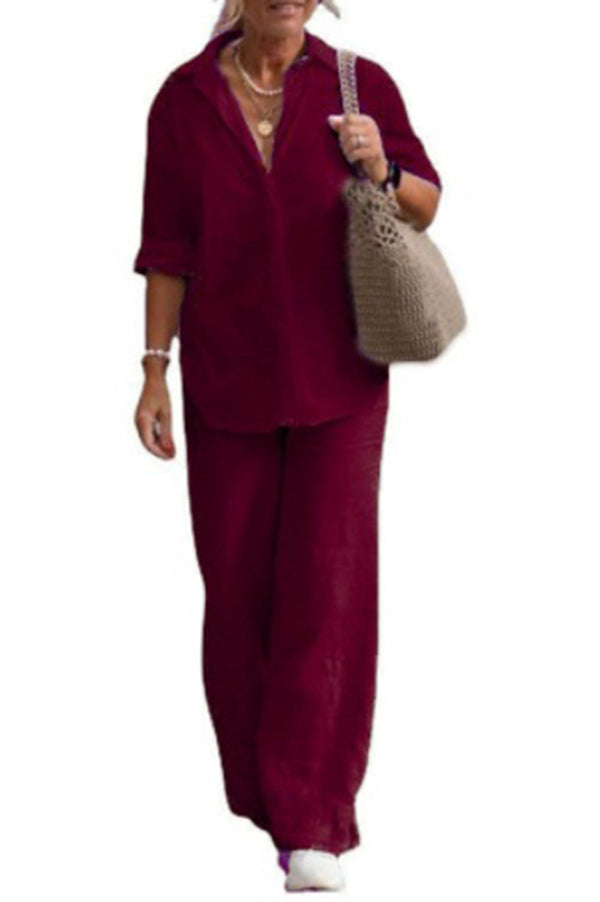 Solid Color Casual Long-sleeved Shirt and Elastic Waisted Loose Wide-leg Pants Set