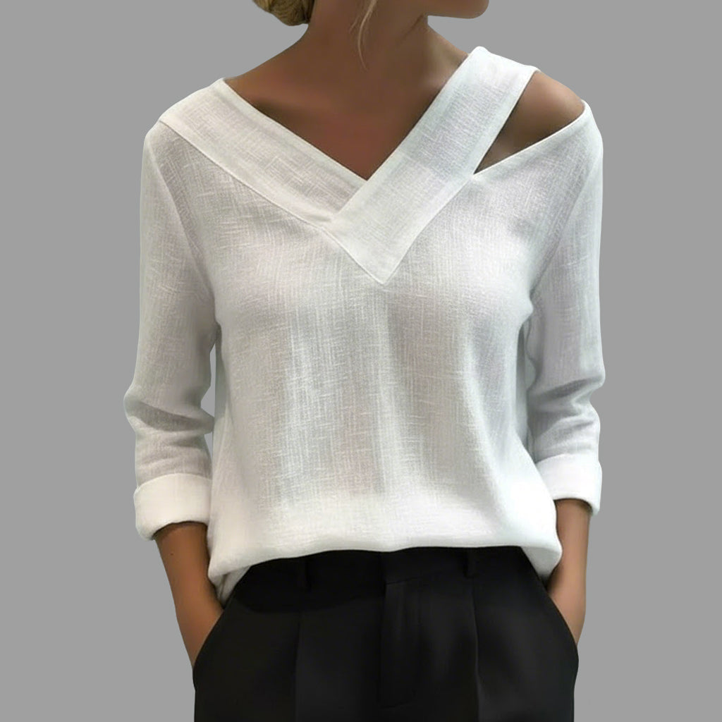 Women's Casual Solid Asymmetrical Cold Shoulder V Neck Long Sleeve Blouses