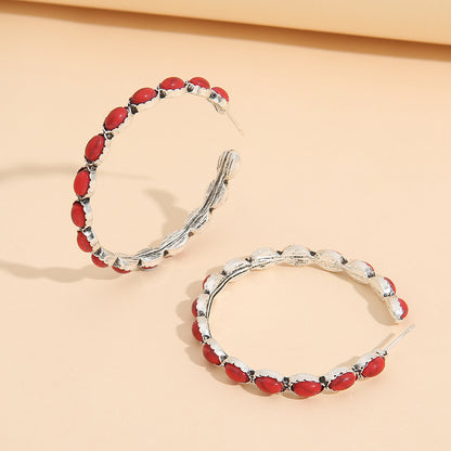 Retro Western Style Turquoise Big Circle C- Shaped Earrings