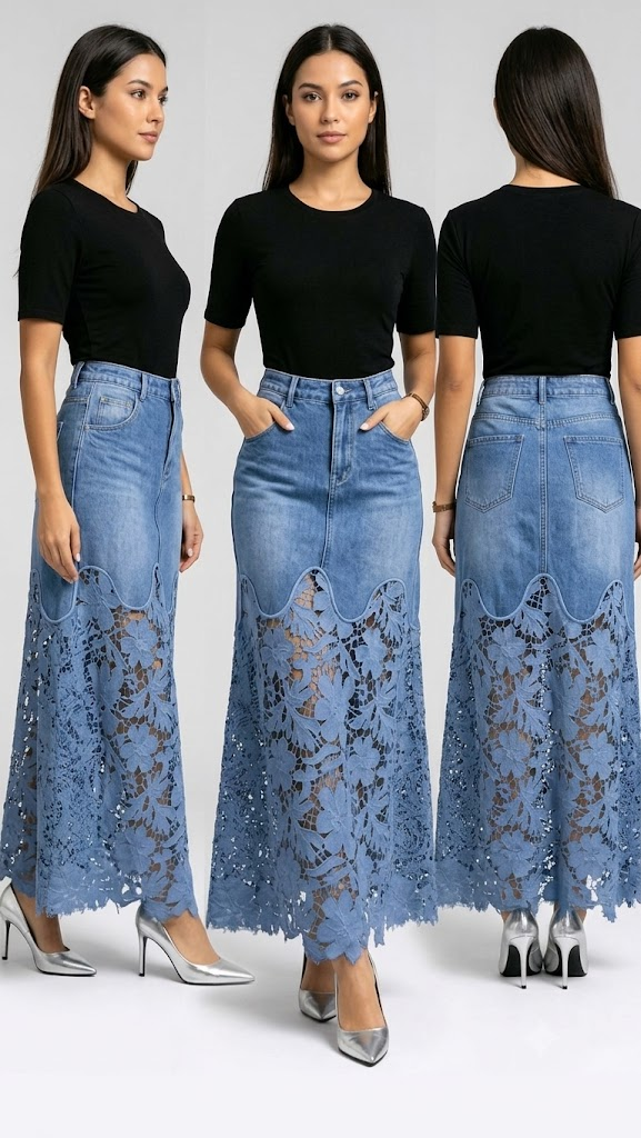 🌟Women's Cutout Openwork Lace Patchwork Pocket High Waisted Denim Maxi Skirt
