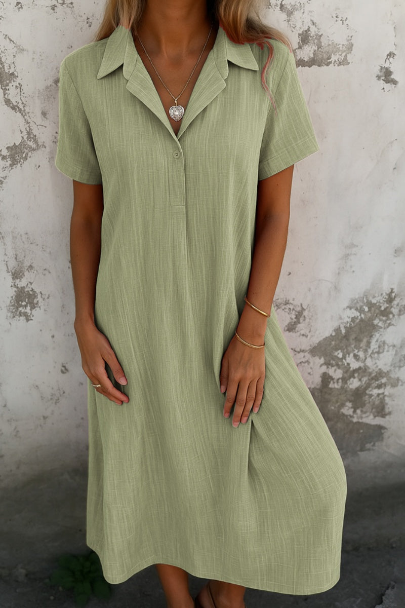 Loose-Fitting Short-Sleeved Cotton And Linen Shirt Dress