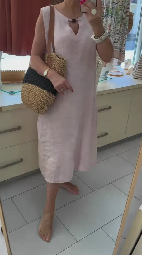 Loose-fit casual V-neck sleeveless midi linen dress