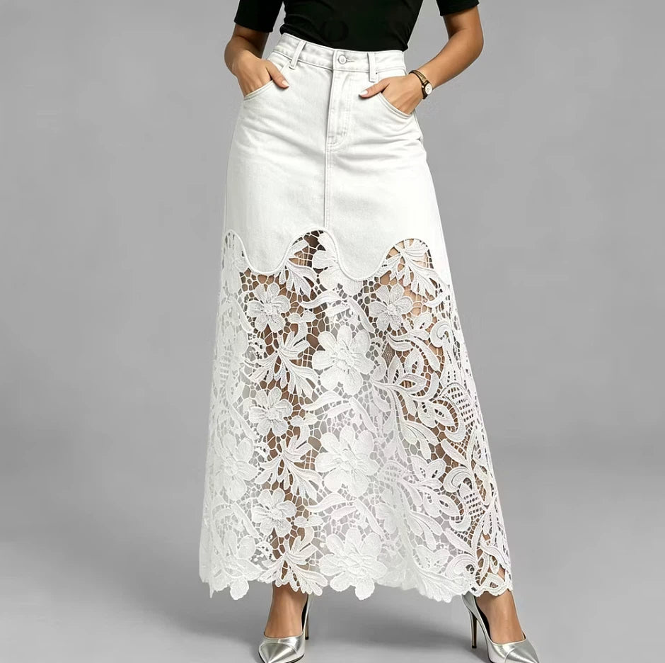 🌟Women's Cutout Openwork Lace Patchwork Pocket High Waisted Denim Maxi Skirt