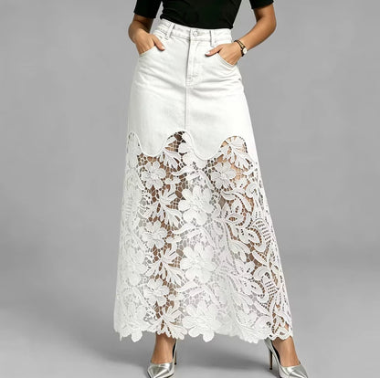 🌟Women's Cutout Openwork Lace Patchwork Pocket High Waisted Denim Maxi Skirt