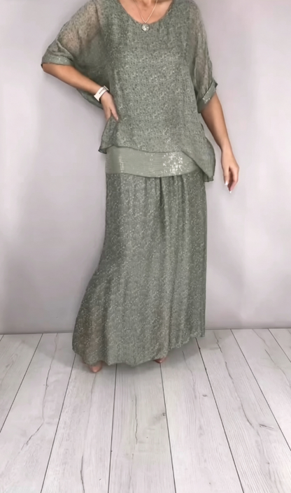 Speckle Print Sheer Half Sleeve Sequin Waist Two Piece Maxi Skirt Set