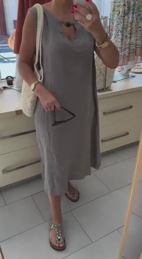 Loose-fit casual V-neck sleeveless midi linen dress