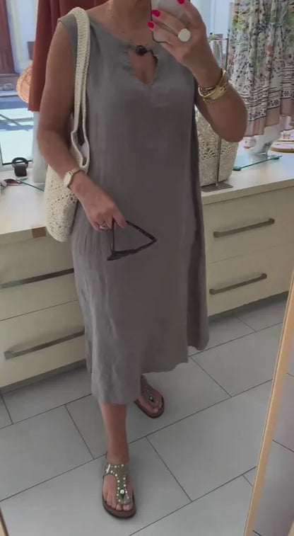 Loose-fit casual V-neck sleeveless midi linen dress