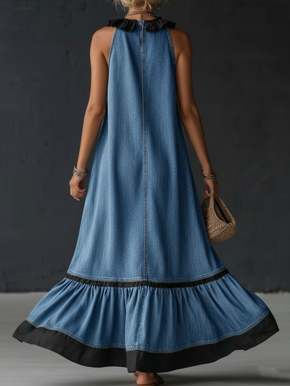 Elegant Color-block Ruffle Casual Dress