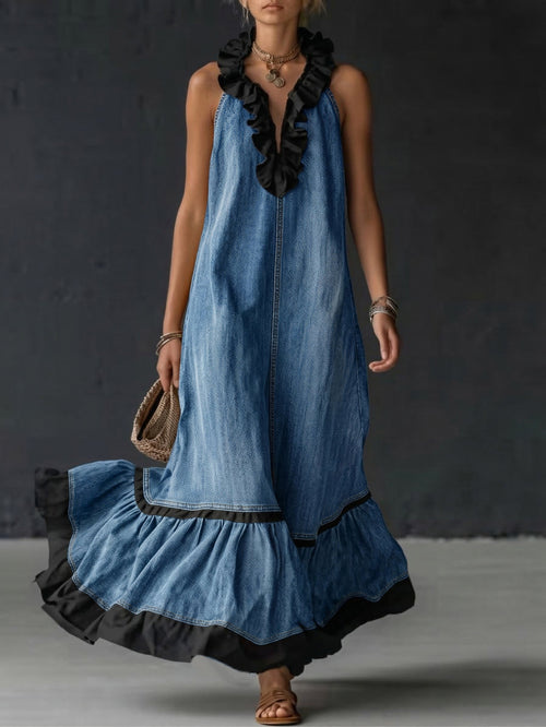Elegant Color-block Ruffle Casual Dress