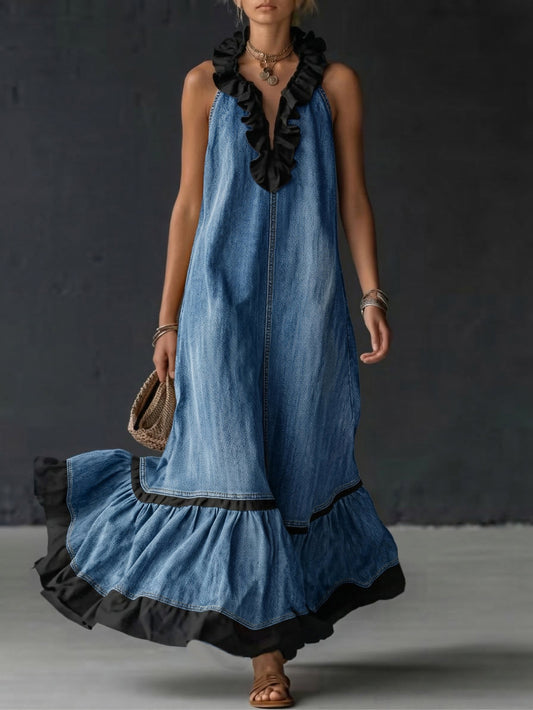 Elegant Color-block Ruffle Casual Dress
