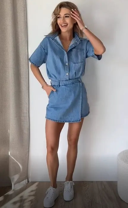 Casual slim fit collared single-breasted denim jumpsuit