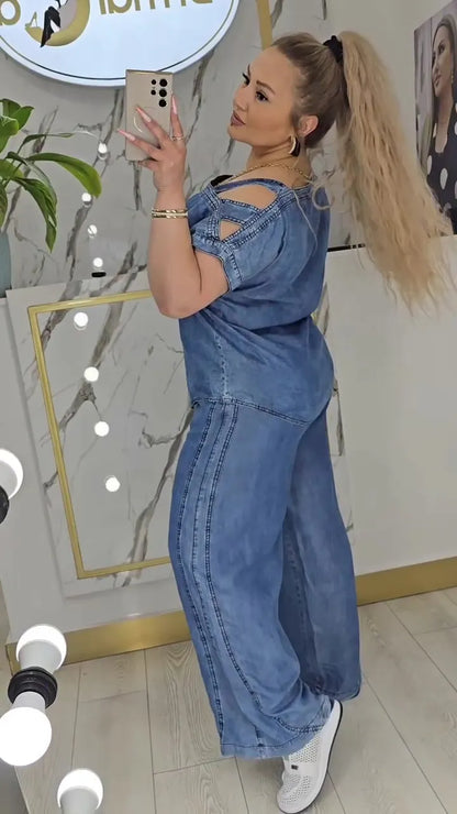 Women's Fashion Off-Shoulder Printed Denim Two-Piece Set