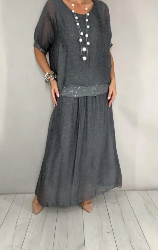 Speckle Print Sheer Half Sleeve Sequin Waist Two Piece Maxi Skirt Set