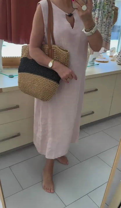 Loose-fit casual V-neck sleeveless midi linen dress