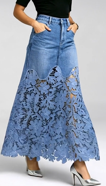 🌟Women's Cutout Openwork Lace Patchwork Pocket High Waisted Denim Maxi Skirt