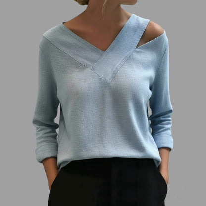 Women's Casual Solid Asymmetrical Cold Shoulder V Neck Long Sleeve Blouses