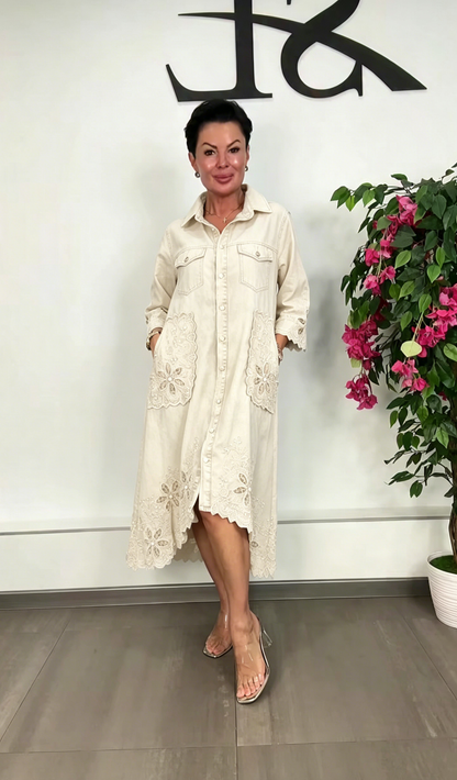 Women's Elegant Floral Cutout Denim Dress
