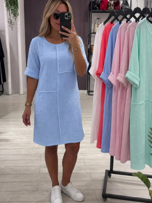 Solid Crinkle Cotton Roll Sleeve Loose Tunic Dress