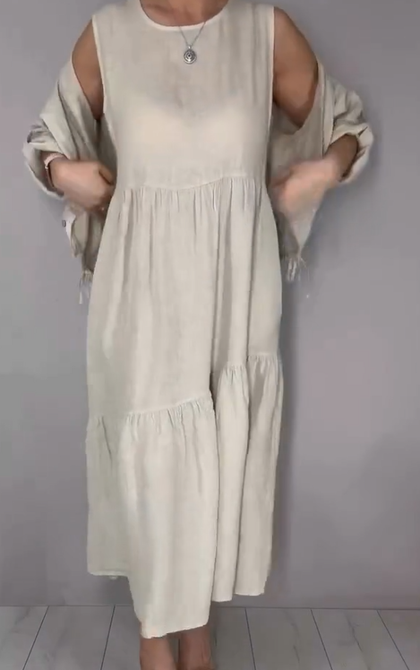 Comfortable cotton and linen jacket and dress two-piece set