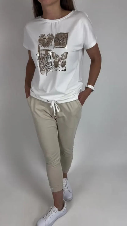 Printed T-shirt and solid color jogging pants set