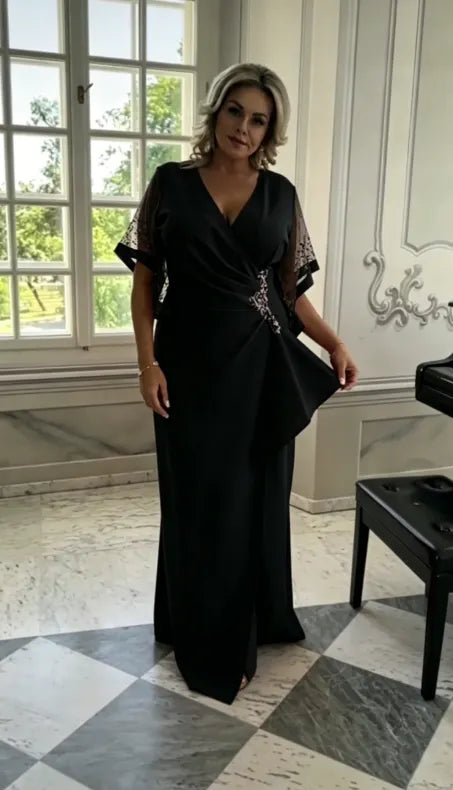 Evening dress with lace sleeves, a cheese neckline and a twisted waist