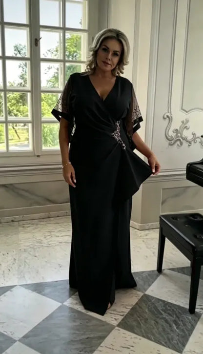 Evening dress with lace sleeves, a cheese neckline and a twisted waist