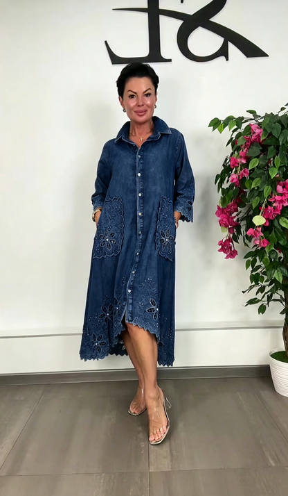 Women's Elegant Floral Cutout Denim Dress