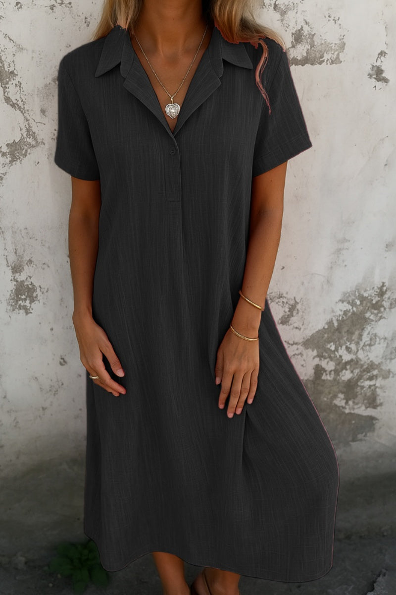 Loose-Fitting Short-Sleeved Cotton And Linen Shirt Dress