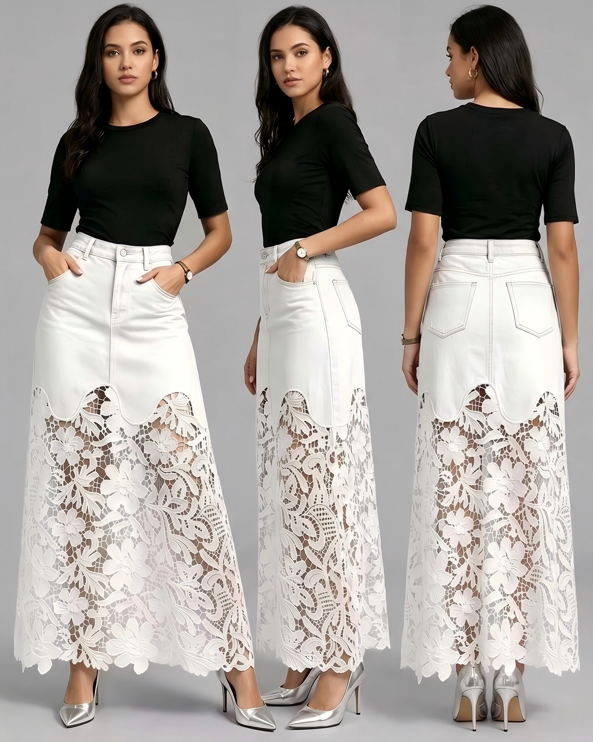 🌟Women's Cutout Openwork Lace Patchwork Pocket High Waisted Denim Maxi Skirt