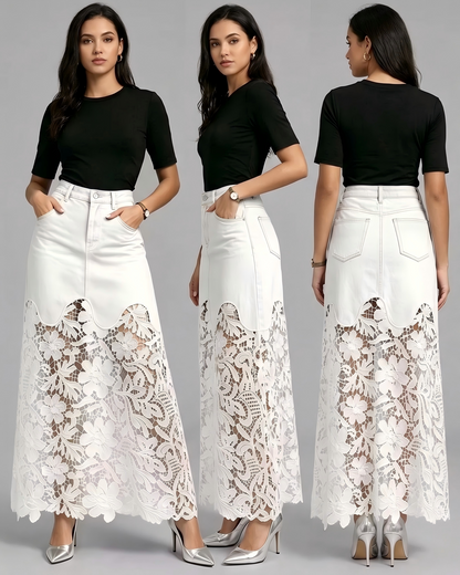 🌟Women's Cutout Openwork Lace Patchwork Pocket High Waisted Denim Maxi Skirt