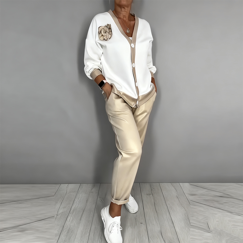 Women's Casual V-Neck Top & High Waist Pants 2-Piece Set