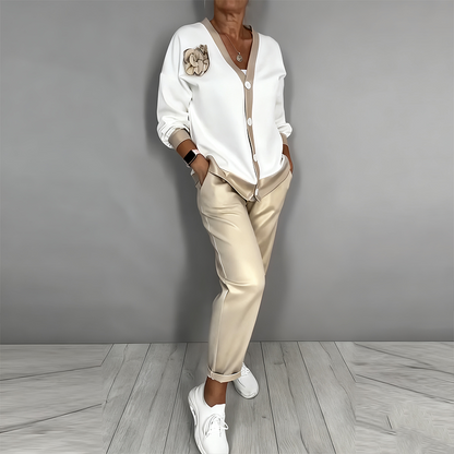 Women's Casual V-Neck Top & High Waist Pants 2-Piece Set