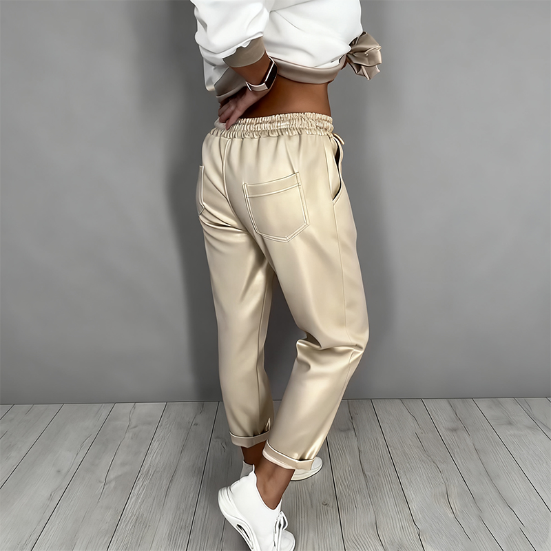 Women's Casual V-Neck Top & High Waist Pants 2-Piece Set