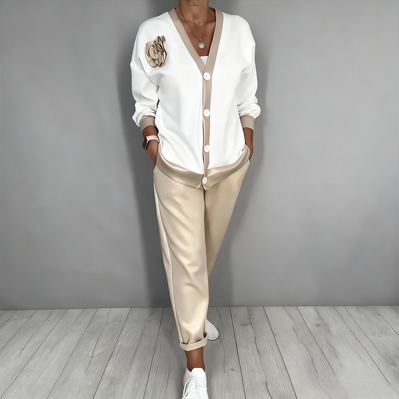 Women's Casual V-Neck Top & High Waist Pants 2-Piece Set