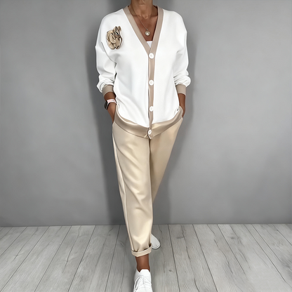 Women's Casual V-Neck Top & High Waist Pants 2-Piece Set